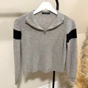 🤍 Brandy Melville Ribbed Quarter Zip Sweater – Grey w/ Stripe Detail